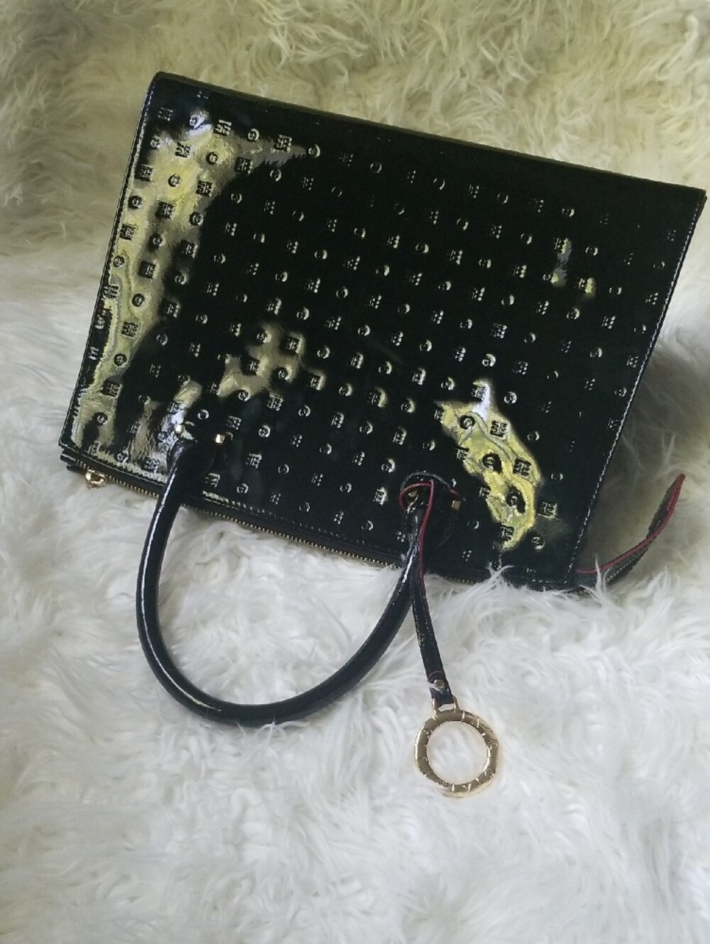 Arcadia Black Leather Patent Satchel with Red-Trim Handles and Gold Charm Italy